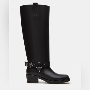 NEW Steve Madden Women’s Hawkins Black Leather Boots $200 Moto Harness 8